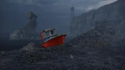 3d render of Lighthouse, boat, rain, sea, ocean, fog Stock Illustration