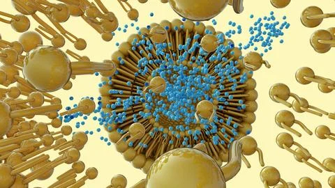 3d render of a liposome rupturing to release drug molecules Illustrazione stock