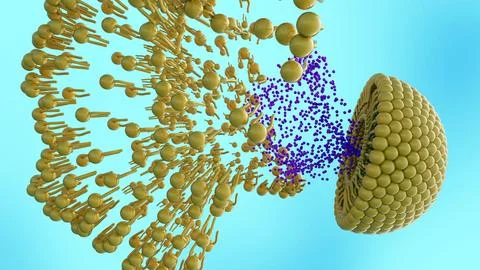 3d render of a liposome rupturing to release drug molecules Stock Illustration