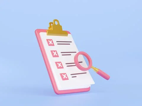 3d render list on clipboard and magnifying glass Stock Illustration