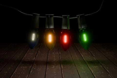 3d render of lit up christmas bulbs hanging over worn wood planks Ilustración de archivo