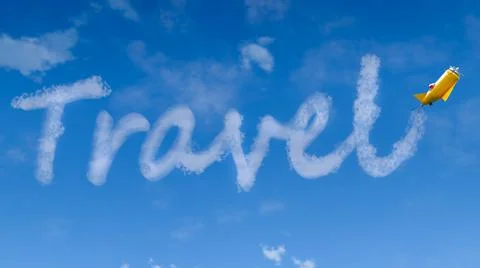 3d render of litle airplane writing word Travel in sky. Concept of vacation Stock Illustration