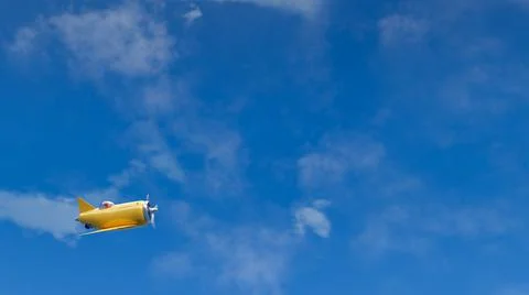 3D render of little airplane flying over clear blue sky. Place for your text Stock Illustration
