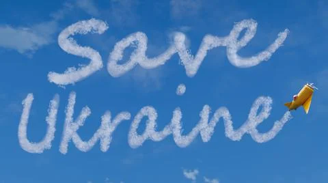 3D render of little airplane writing Save Ukraine sign in the sky. Concept of Stock Illustration