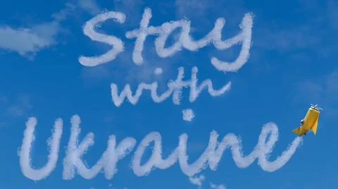 3D render of little airplane writing Stay with Ukraine in the sky. Concept of Stock Illustration