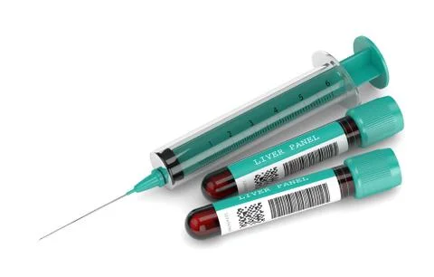 3d render of Liver Panel blood test tubes with syringe Stock Illustration