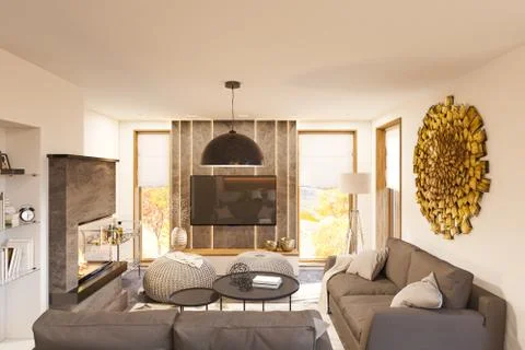 3d render living room interior design in the Scandinavian minima Stock Illustration