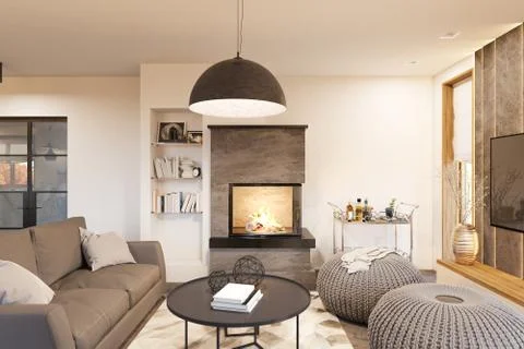 3d render living room interior design in the Scandinavian minimalist style Stock Illustration