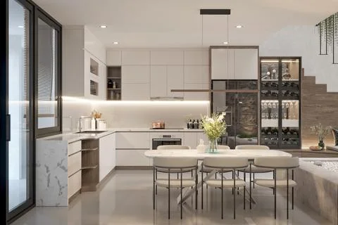3d Render of Living Room, Kitchen. Stock Illustration