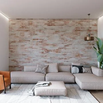 3d render, living room with sofa in front of the brick wall, 3d render Stock Illustration