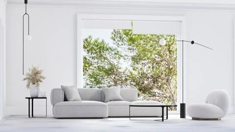 3d Render of Livingroom with all white walls and wood floor Stock Footage 292982277