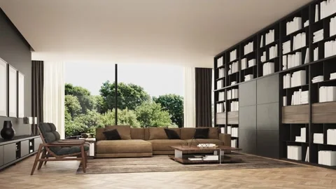 3d Render of livingroom with brown sofa and book shelves Stock Footage 292983738
