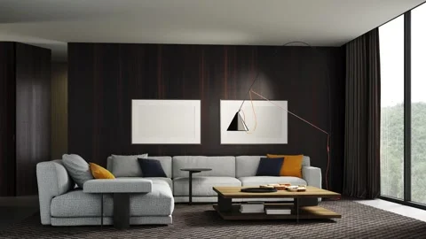 3d Render of Livingroom with gray sofa Stock Footage 293437140