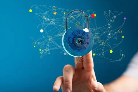 3D render of a lock surrounded by lines and binary code- cybersecurity concep 스톡 사진