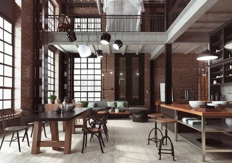 A 3D render of a loft modern interior designed as a open-plan modern apartment. Stock Illustration