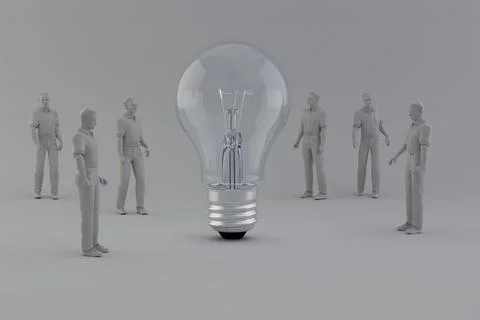 3D render a lot of people next to a light bulb イラスト素材