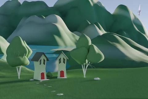 3d render of low polly houses and trees by lake with crystal birds Stock Illustration