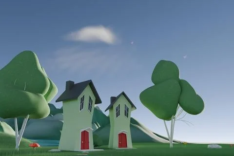 3d render of low polly houses and trees by lake with mushrooms and whispy c.. Stock Illustration