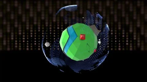 3d render. Low-poly cartoon planet floating over black background with rows of 스톡 일러스트