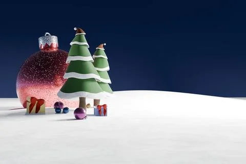 3d render of low poly christmas trees, gifts and giant, sparly ornament Stock Illustration