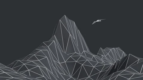 3D Render of a Low poly dark mountains landscape Illustrazione stock