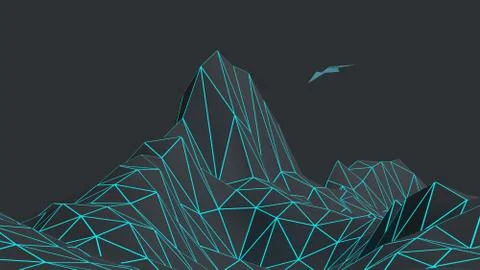 3D Render of a Low poly dark mountains landscape for graphic design. Illustrazione stock