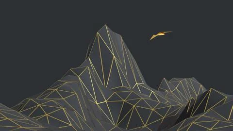 3D Render of a Low poly dark mountains landscape with golden edges Иллюстрация