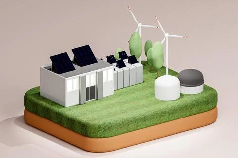 3D render low poly illustration of modern building with solar panels on roof  Ilustración de archivo