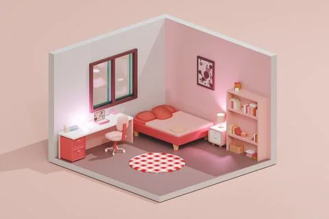 3D render low poly illustration of contemporary bedroom with big bed workplac Stock Illustration