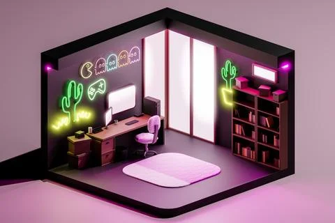 3D render low poly illustration of contemporary office room interior with com Stock Illustration