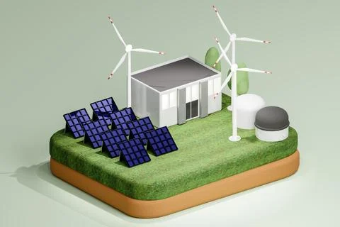 3D render low poly illustration of building on green lawn near trees solar pa Stock Illustration