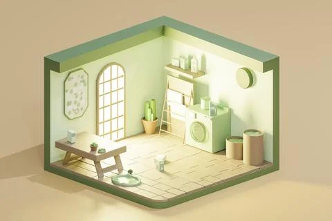 3D render low poly of laundry room painted green, isometric view Stock Illustration