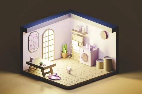 3D render low poly of laundry room painted violet, isometric view Stock Illustration