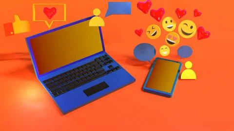 3D Render, low poly smartphone and laptop communicating, with online Icon Illustrazione stock