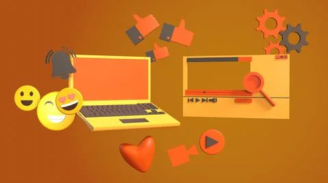 3D Render, low poly social media, laptop with video web page, and online icon Stock Illustration