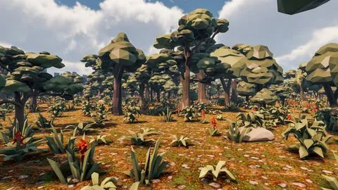 3D Render low Polygon background with natural landscape jungle scenery Illustrazione stock