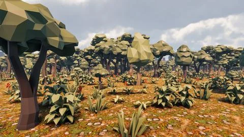 3D Render low Polygon background with natural landscape jungle scenery Illustrazione stock