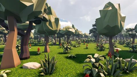 3D Render low Polygon background with natural landscape forest scenery Stock Illustration