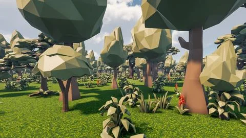 3D Render low Polygon background with natural landscape forest scenery Stock Illustration