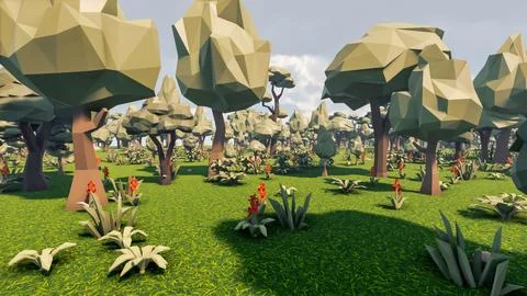 3D Render low Polygon background with natural landscape forest scenery Stock Illustration
