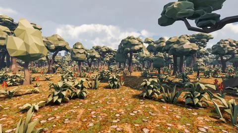 3D Render low Polygon background with natural landscape jungle scenery Illustrazione stock