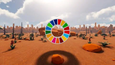 3D Render low Polygon background with natural landscape scenery and SDG Wheel Stock Illustration