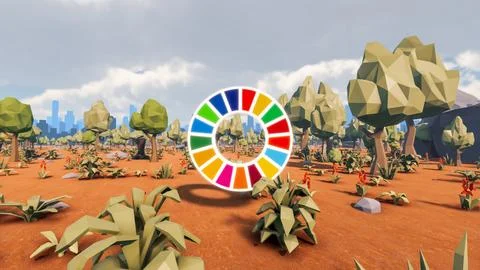 3D Render low Polygon background with natural landscape scenery and SDG Wheel Stock Illustration