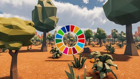 3D Render low Polygon background with natural landscape scenery and SDG Wheel Stock Illustration