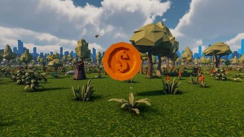 3D Render low Polygon background with natural landscape scenery and Dollar .. Stock Illustration