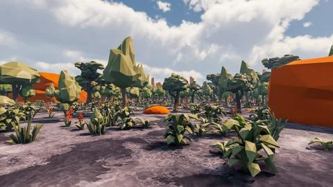 3D Render low Polygon background with natural landscape scenery and burnt s.. Illustrazione stock