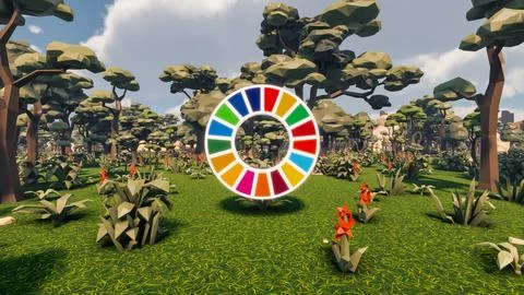 3D Render low Polygon background with natural landscape scenery and SDG Wheel Stock Illustration