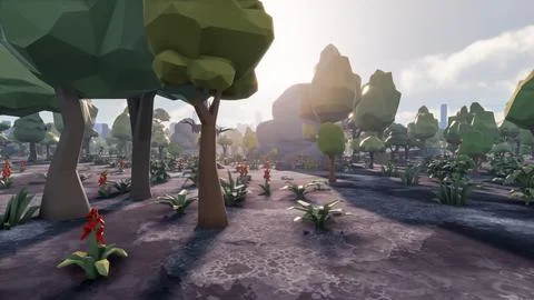 3D Render low Polygon background with natural landscape scenery and burnt s.. 스톡 일러스트