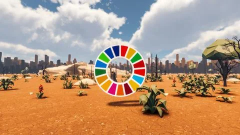 3D Render low Polygon background with natural landscape scenery and SDG Wheel Stock Illustration