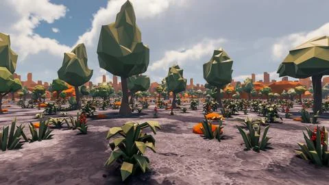 3D Render low Polygon background with natural landscape scenery and burnt s.. Stock Illustration